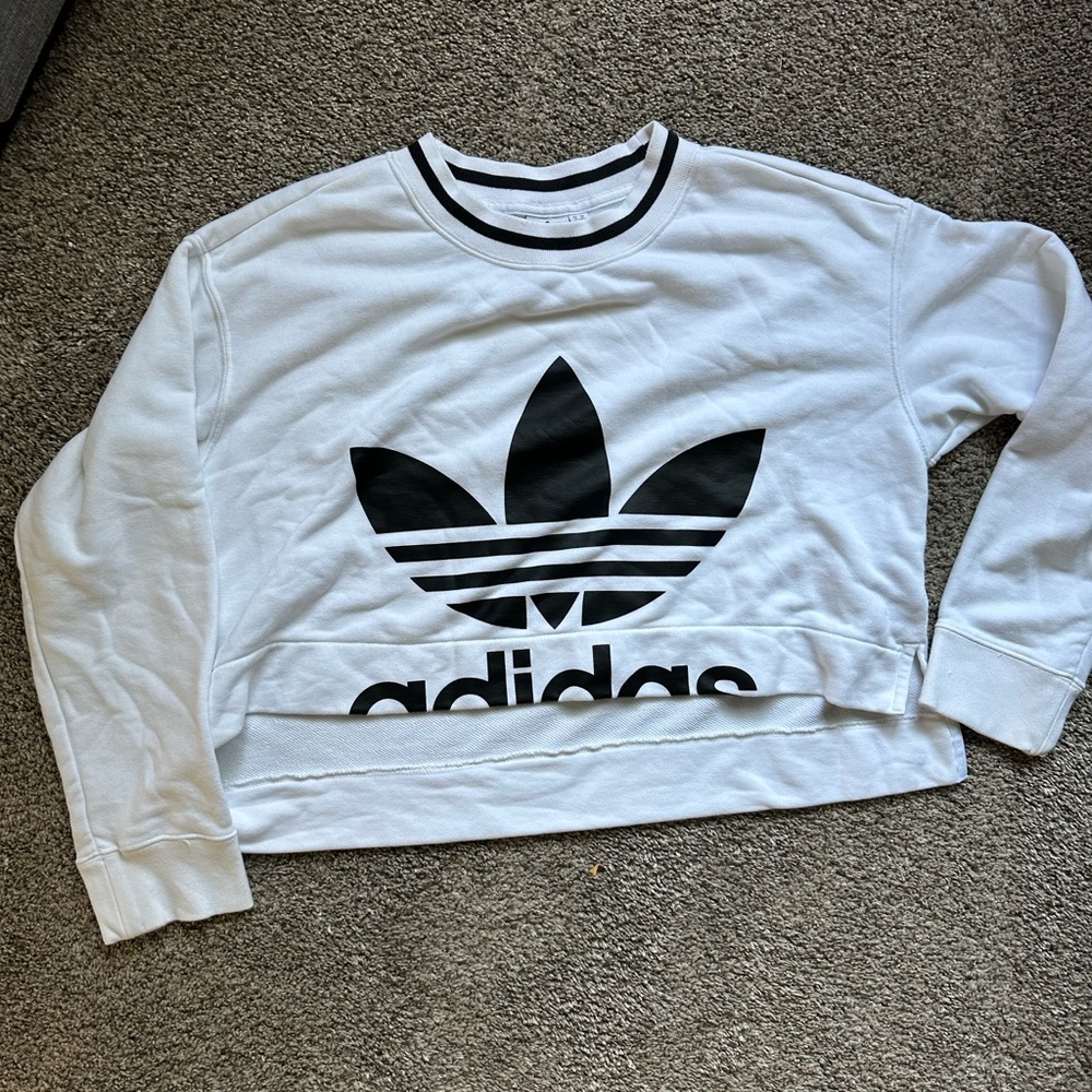 Adidas White Copped Crewneck with Black Trefoil Logo
